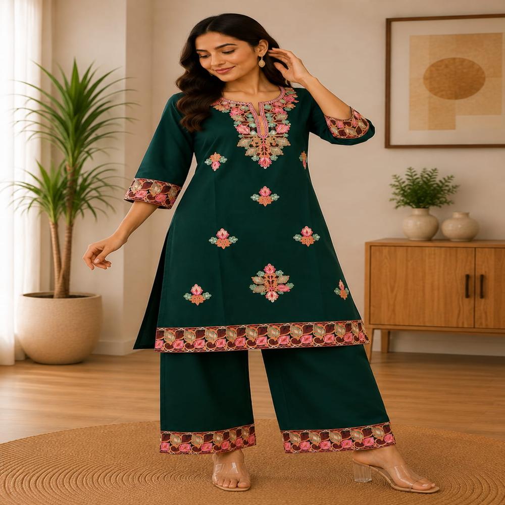 Elegant Bottle Green Floral Embroidered Kurta Pant Set