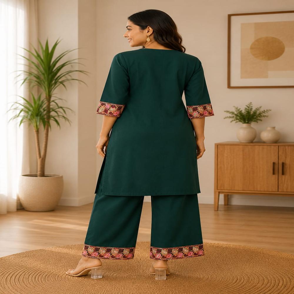 Elegant Bottle Green Floral Embroidered Kurta Pant Set