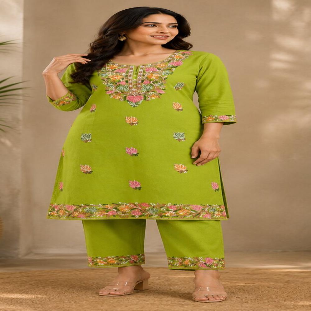 Lime Green Floral Embroidered Kurta Pant Set - Bust Size: 40