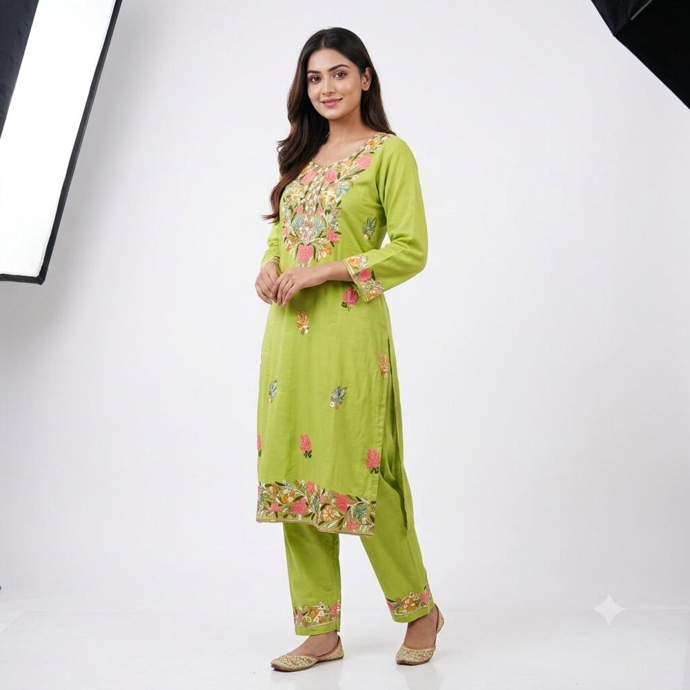 Lime Green Floral Embroidered Kurta Pant Set