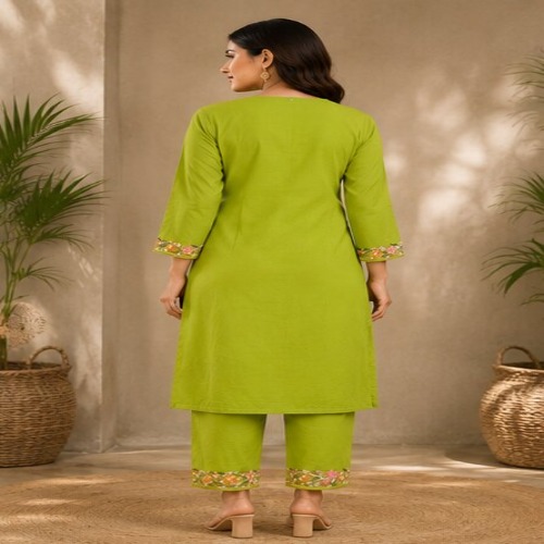 Lime Green Floral Embroidered Kurta Pant Set