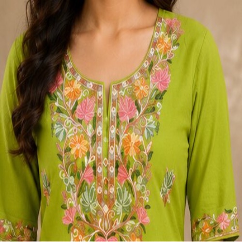 Lime Green Floral Embroidered Kurta Pant Set