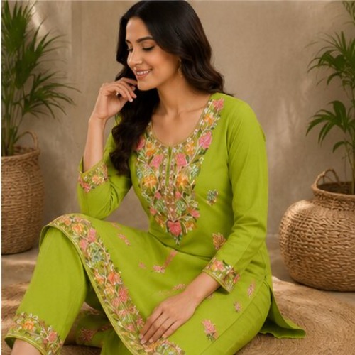 Lime Green Floral Embroidered Kurta Pant Set