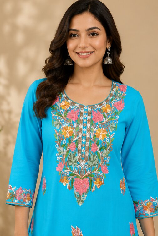 Sky Blue Floral Embroidered Kurta Pant Set