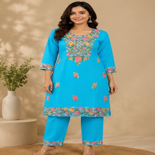 Sky Blue Floral Embroidered Kurta Pant Set