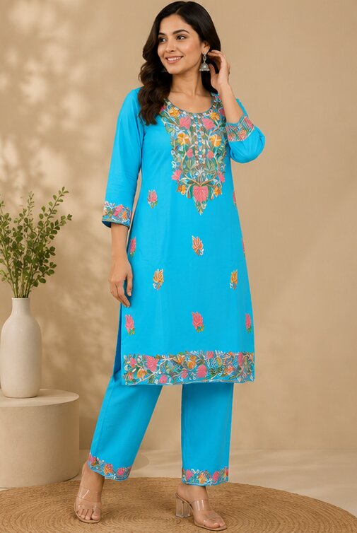 Sky Blue Floral Embroidered Kurta Pant Set