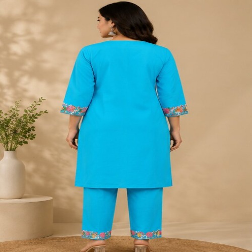 Sky Blue Floral Embroidered Kurta Pant Set