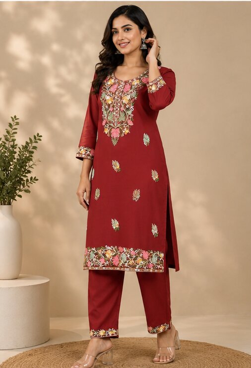 Maroon Floral Embroidered Straight Kurta Pant Set - Bust Size: 40