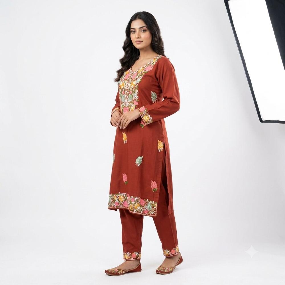 Maroon Floral Embroidered Straight Kurta Pant Set