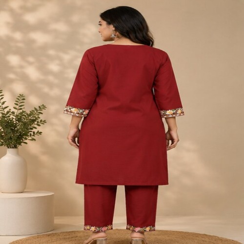 Maroon Floral Embroidered Straight Kurta Pant Set