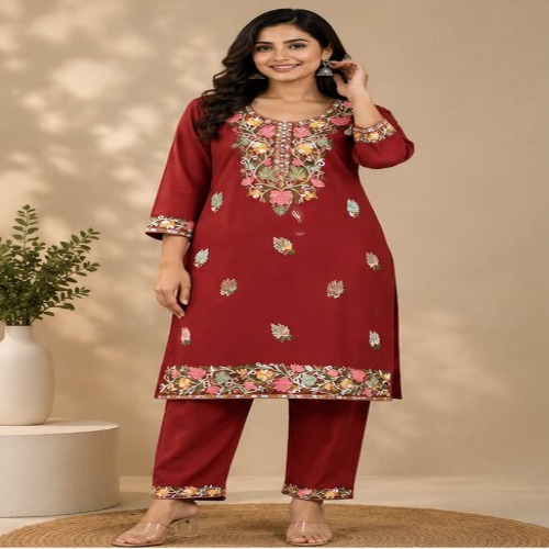 Maroon Floral Embroidered Straight Kurta Pant Set