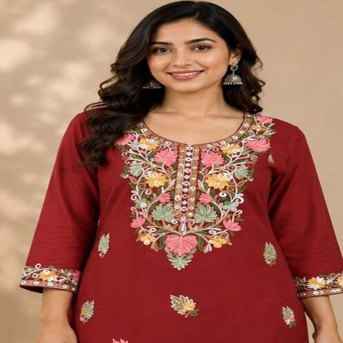 Maroon Floral Embroidered Straight Kurta Pant Set