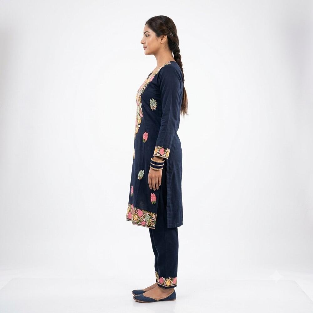 Black Floral Embroidered Straight Kurta Pant Set - Bust Size: 40