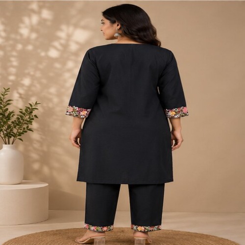 Black Floral Embroidered Straight Kurta Pant Set