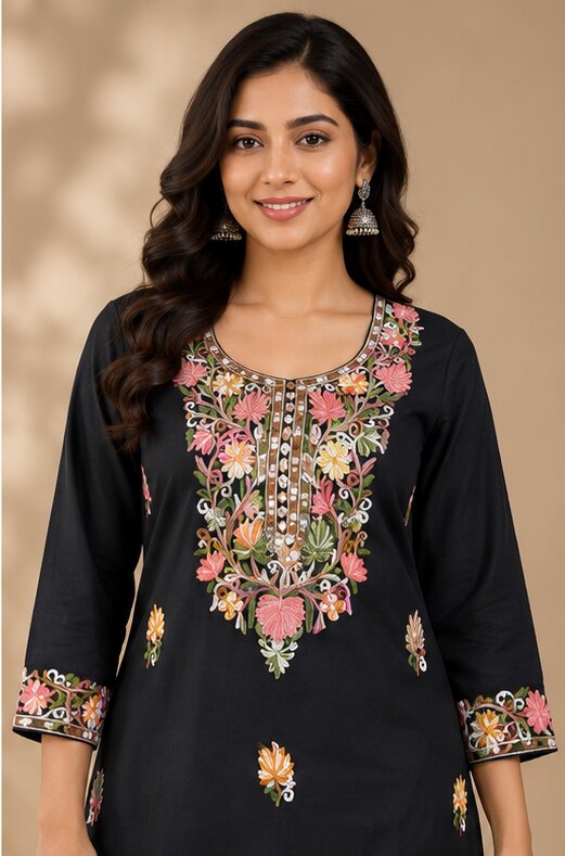 Black Floral Embroidered Straight Kurta Pant Set