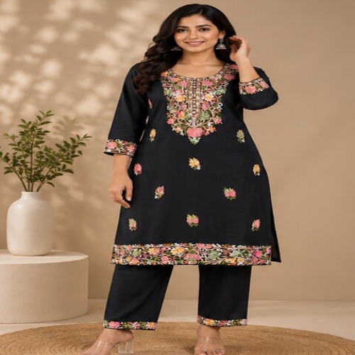 Black Floral Embroidered Straight Kurta Pant Set