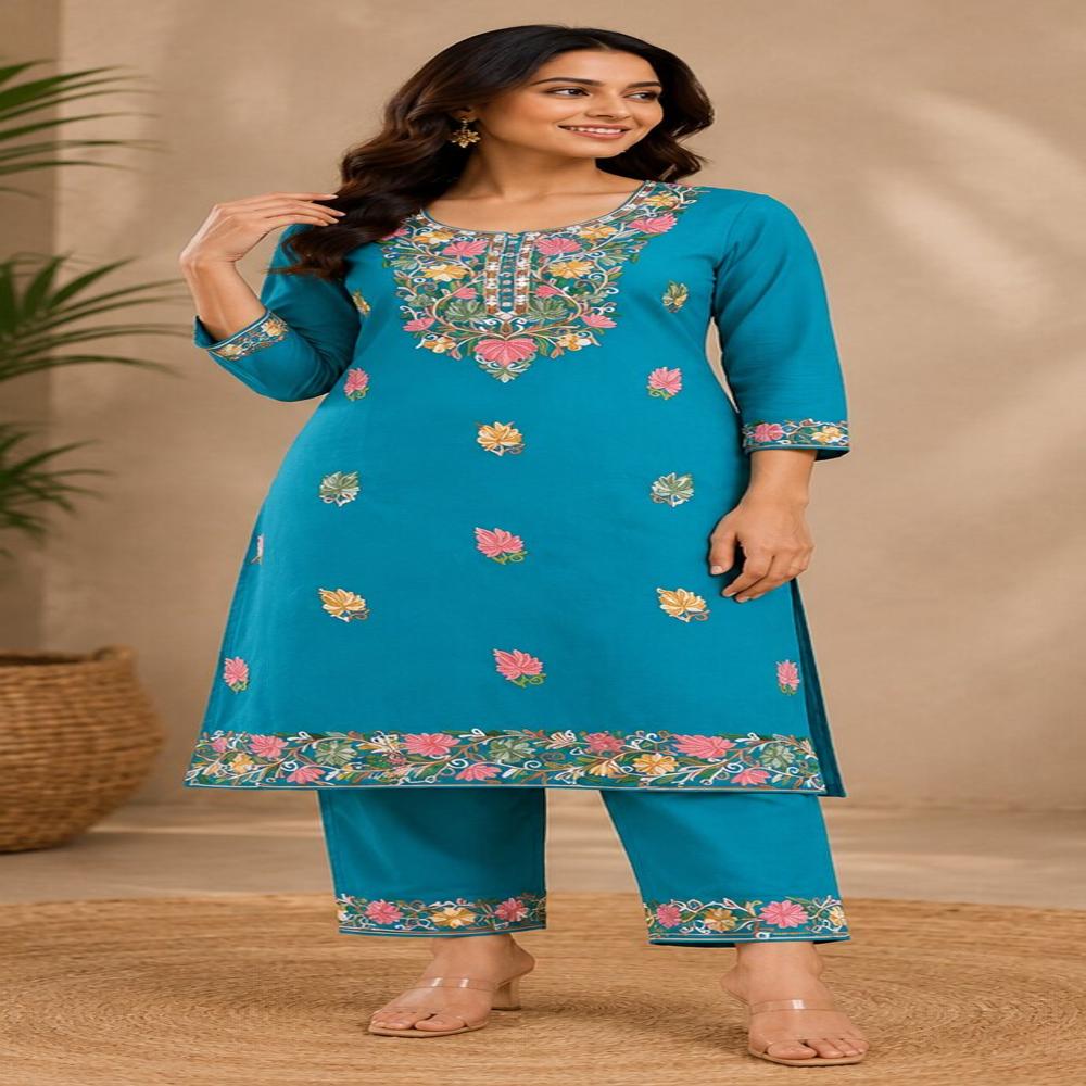 Teal Blue Floral Embroidered Straight Kurta Pant Set - Bust Size: 40