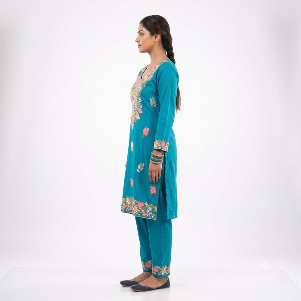 Teal Blue Floral Embroidered Straight Kurta Pant Set