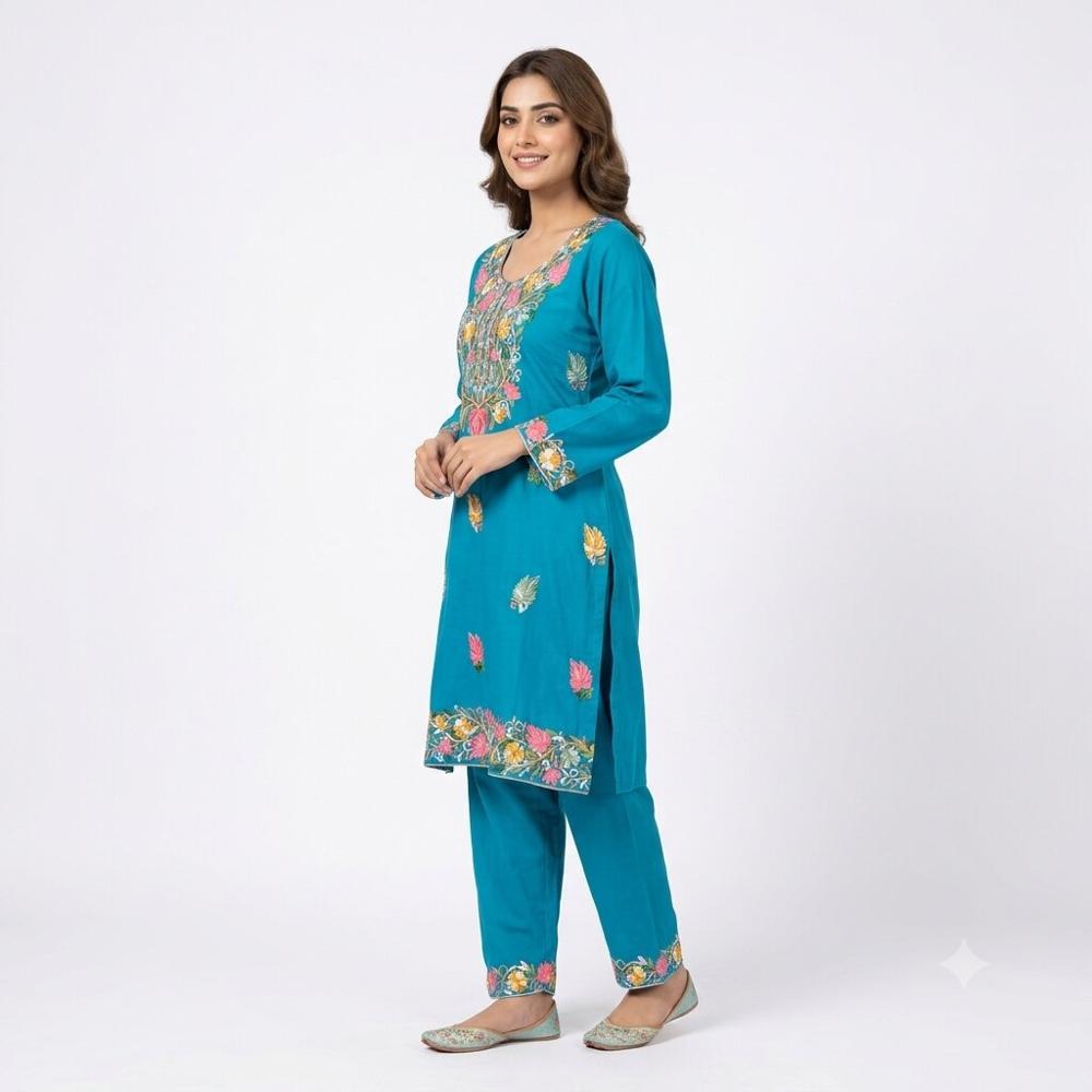 Teal Blue Floral Embroidered Straight Kurta Pant Set