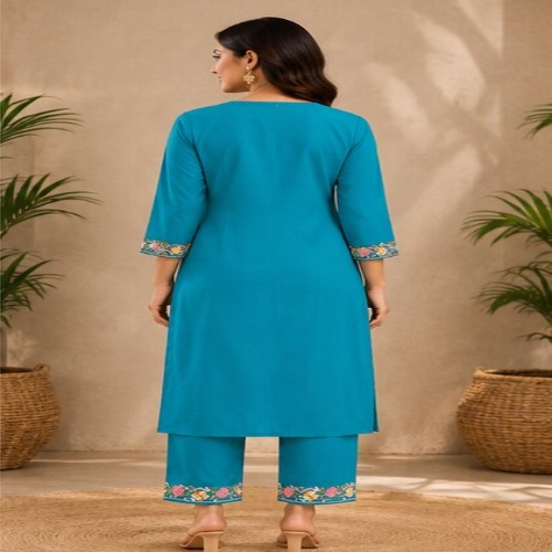 Teal Blue Floral Embroidered Straight Kurta Pant Set