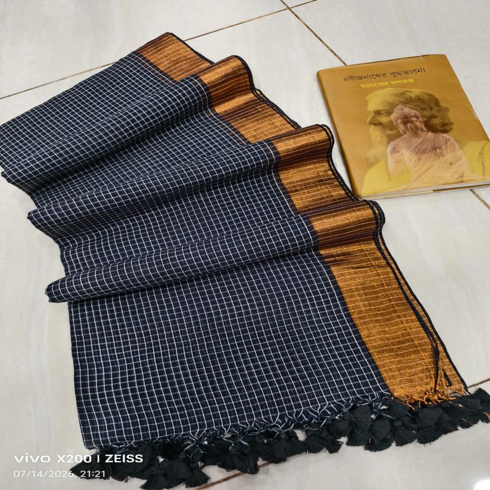 Zari Border Check Mul Cotton Saree - Gender: Female