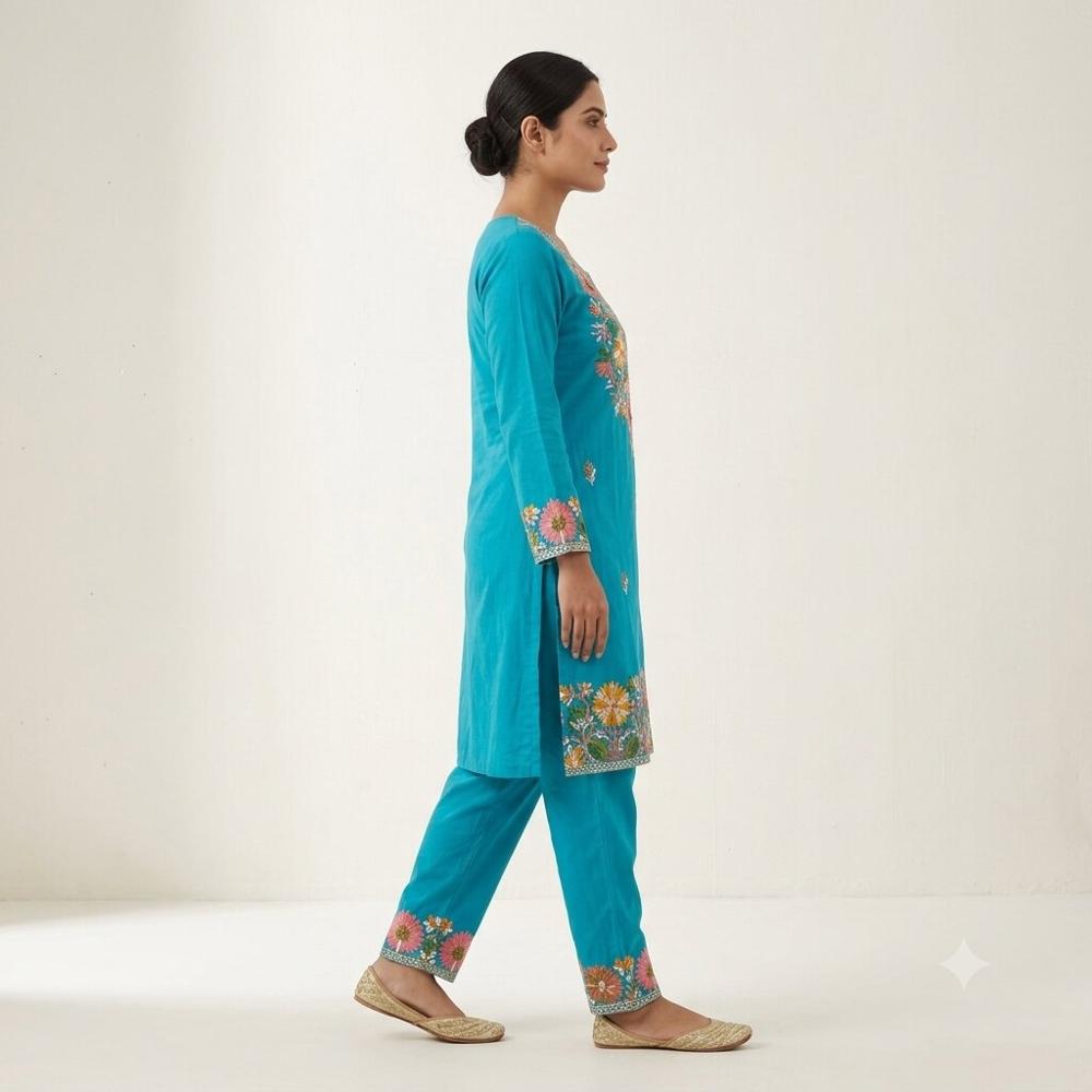 Teal Blue Floral Embroidered Kurta Pant Set - Bust Size: 40