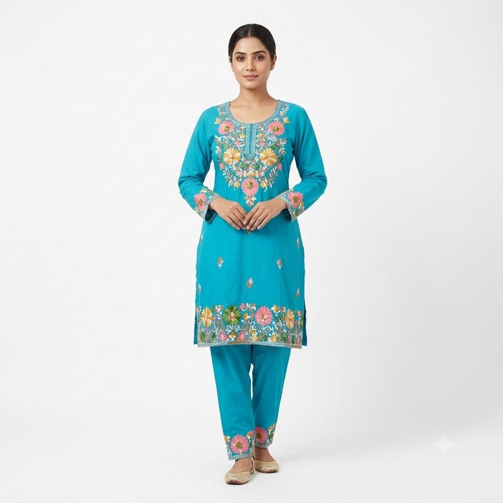 Teal Blue Floral Embroidered Kurta Pant Set
