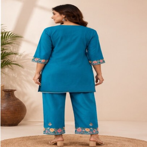 Teal Blue Floral Embroidered Kurta Pant Set