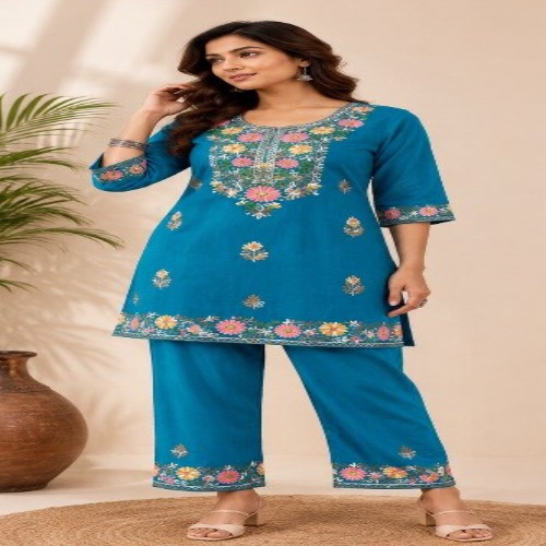 Teal Blue Floral Embroidered Kurta Pant Set