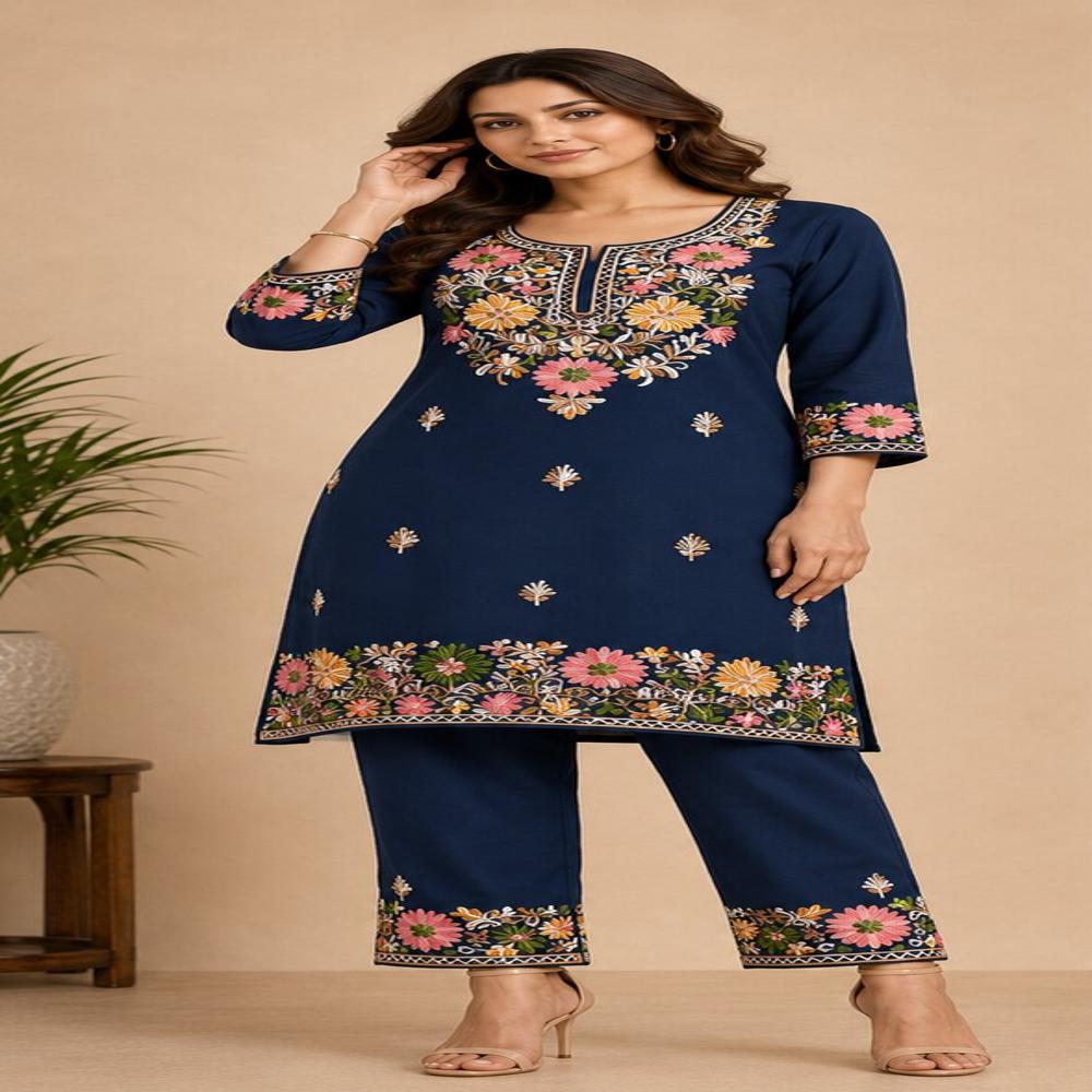 Navy Blue Floral Embroidered Kurta Pant Set - Bust Size: 40
