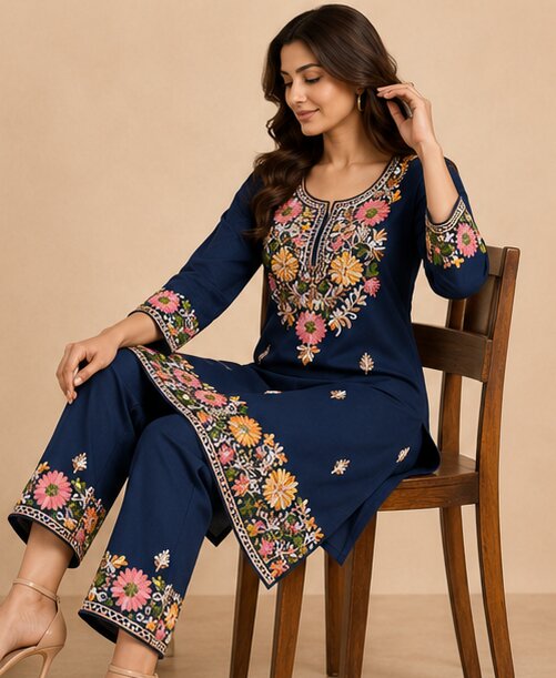 Navy Blue Floral Embroidered Kurta Pant Set