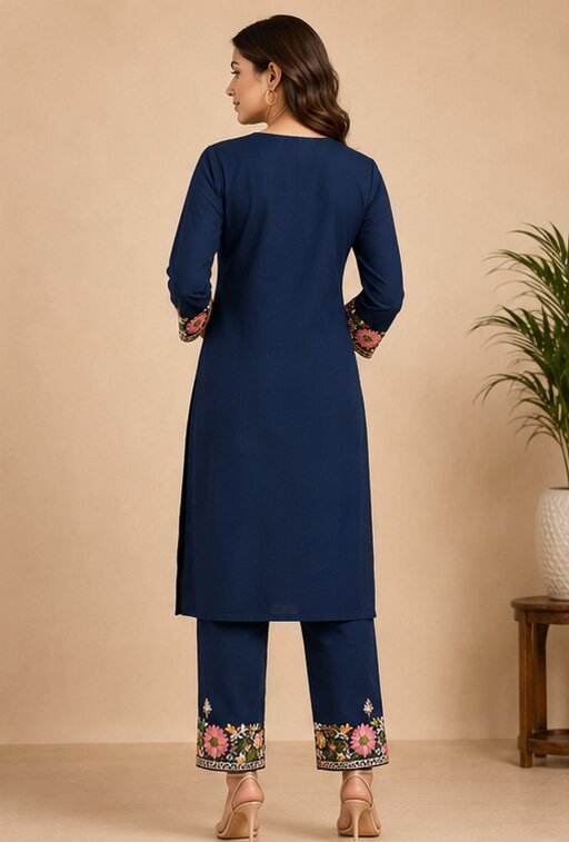Navy Blue Floral Embroidered Kurta Pant Set