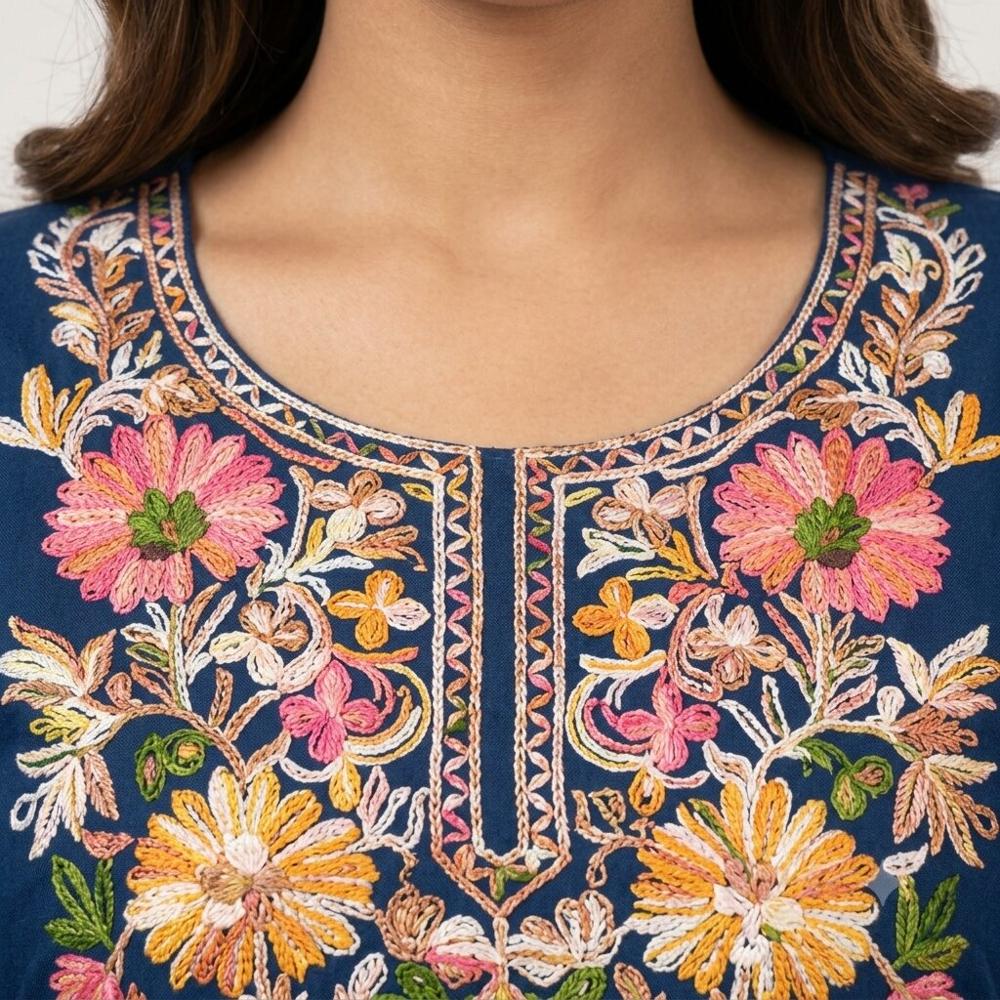 Navy Blue Floral Embroidered Kurta Pant Set