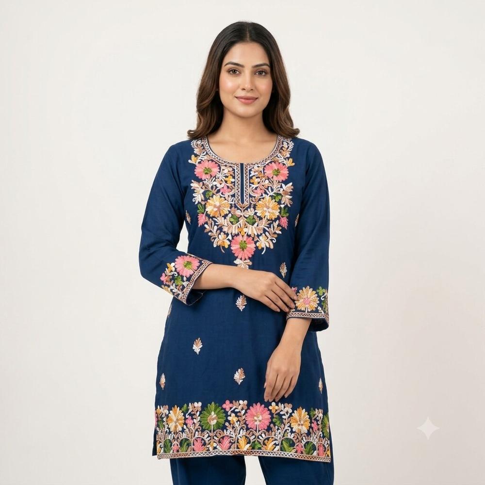 Navy Blue Floral Embroidered Kurta Pant Set