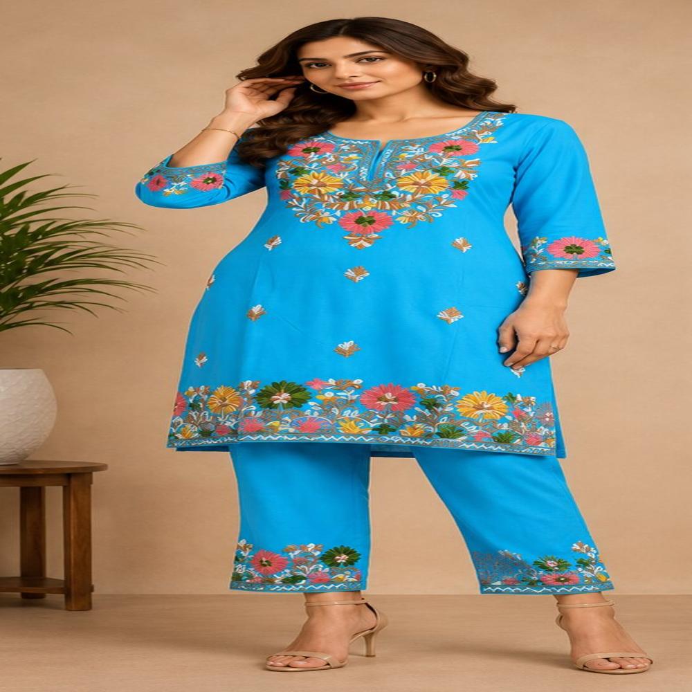 Sky Blue Floral Embroidered Kurta Pant Set