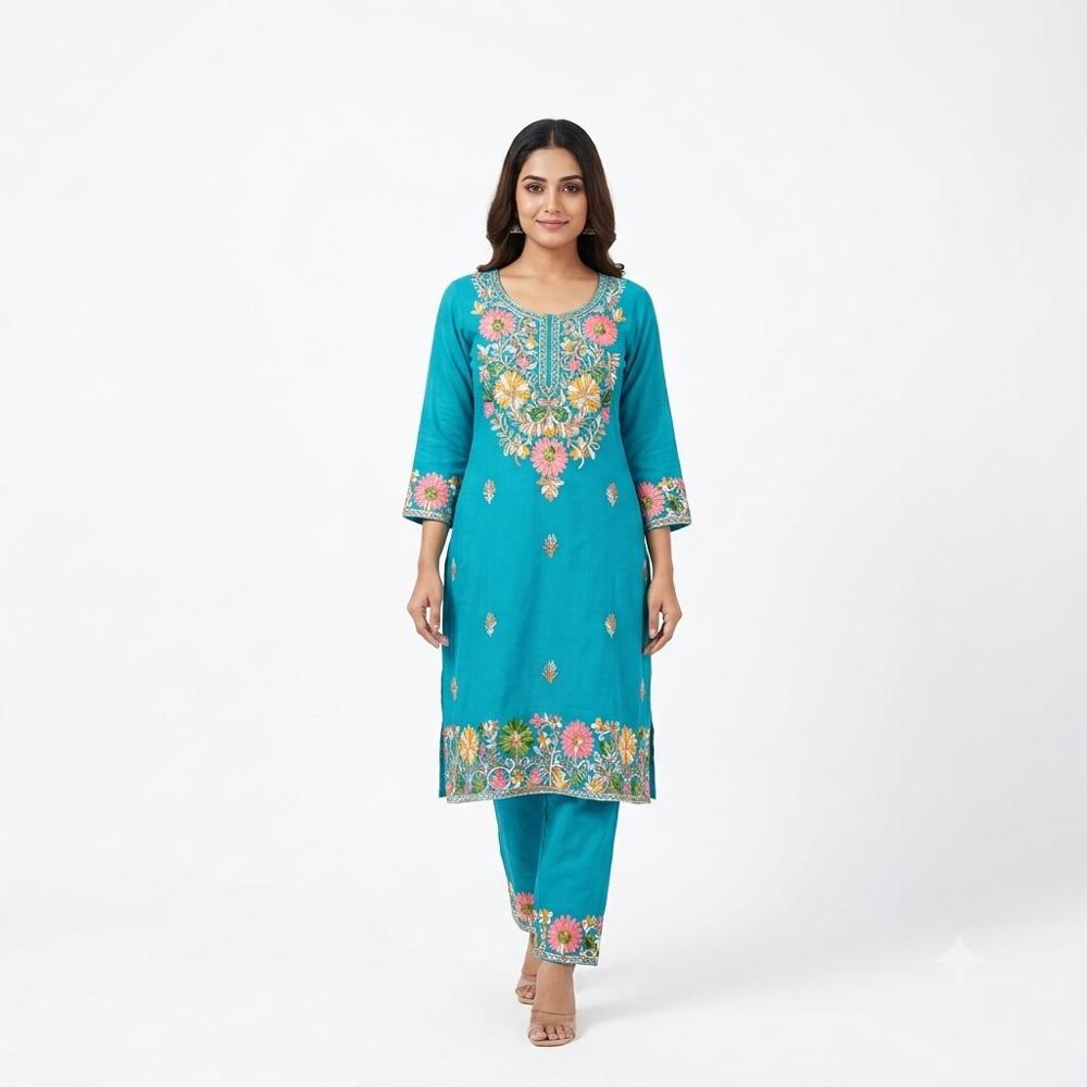 Sky Blue Floral Embroidered Kurta Pant Set