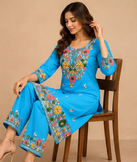 Sky Blue Floral Embroidered Kurta Pant Set
