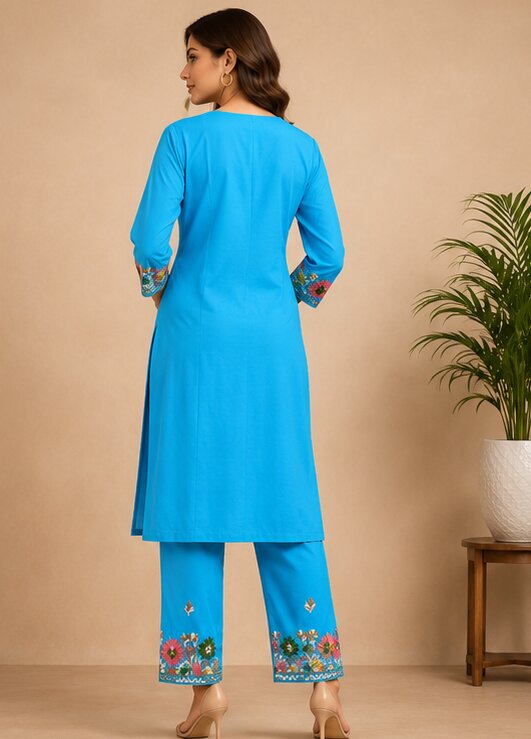 Sky Blue Floral Embroidered Kurta Pant Set