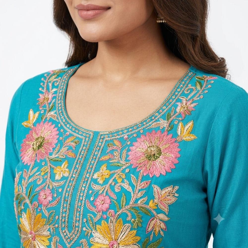 Sky Blue Floral Embroidered Kurta Pant Set
