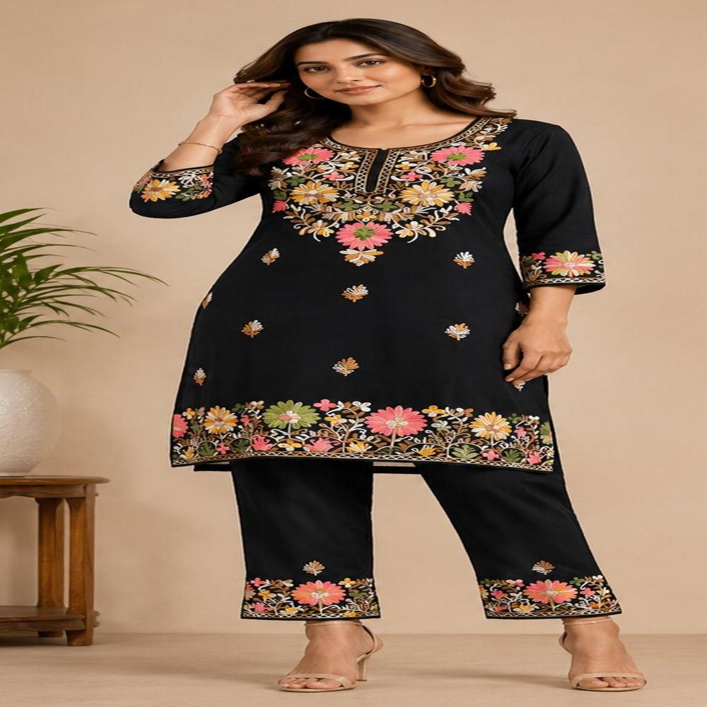 Black Floral Embroidered Kurta Pant Set - Bust Size: 40