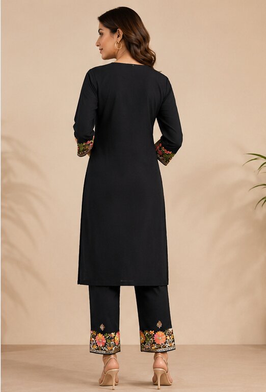 Black Floral Embroidered Kurta Pant Set