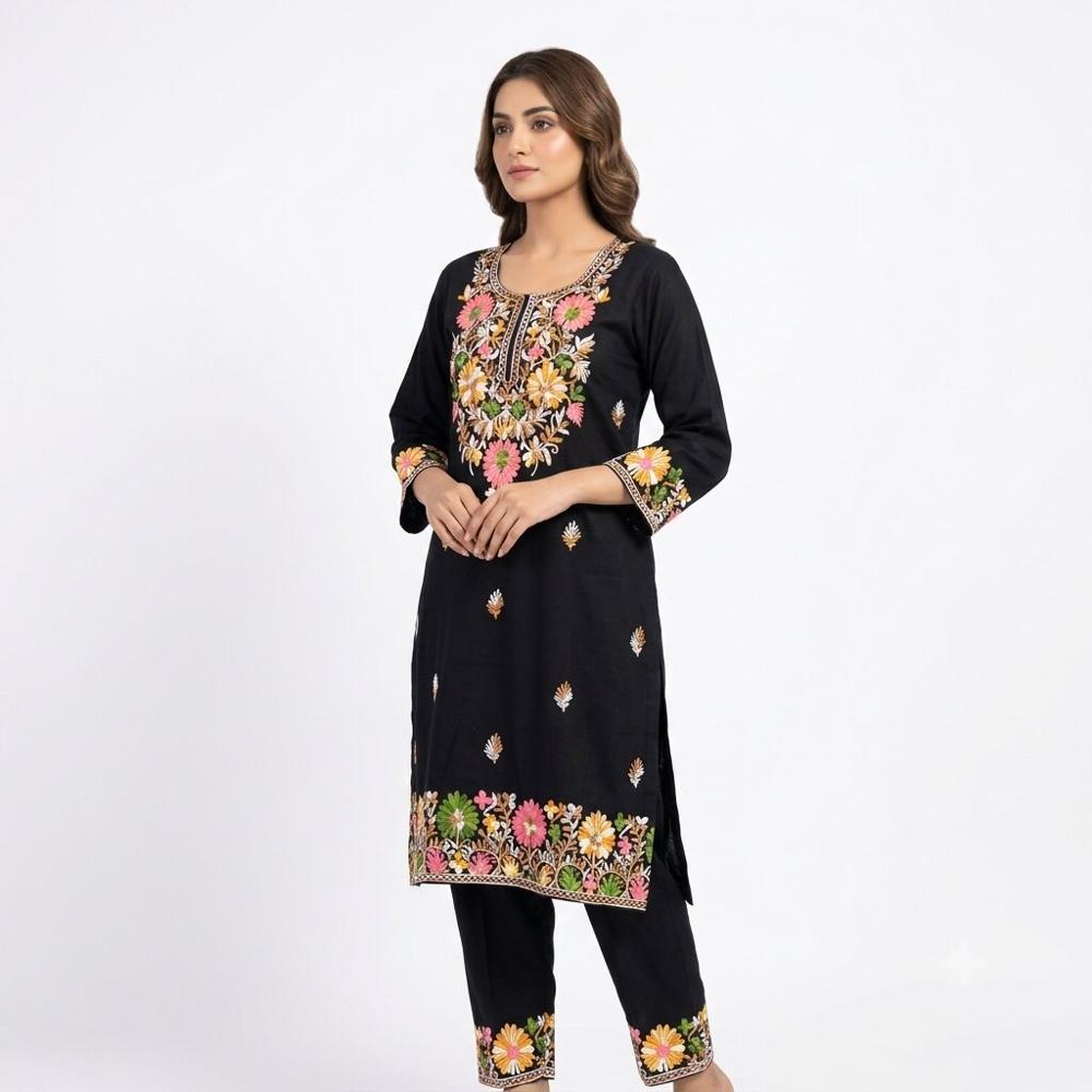 Black Floral Embroidered Kurta Pant Set