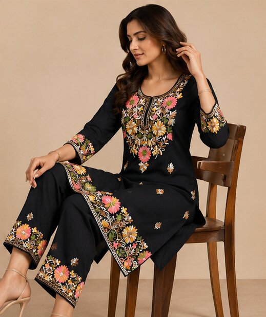 Black Floral Embroidered Kurta Pant Set