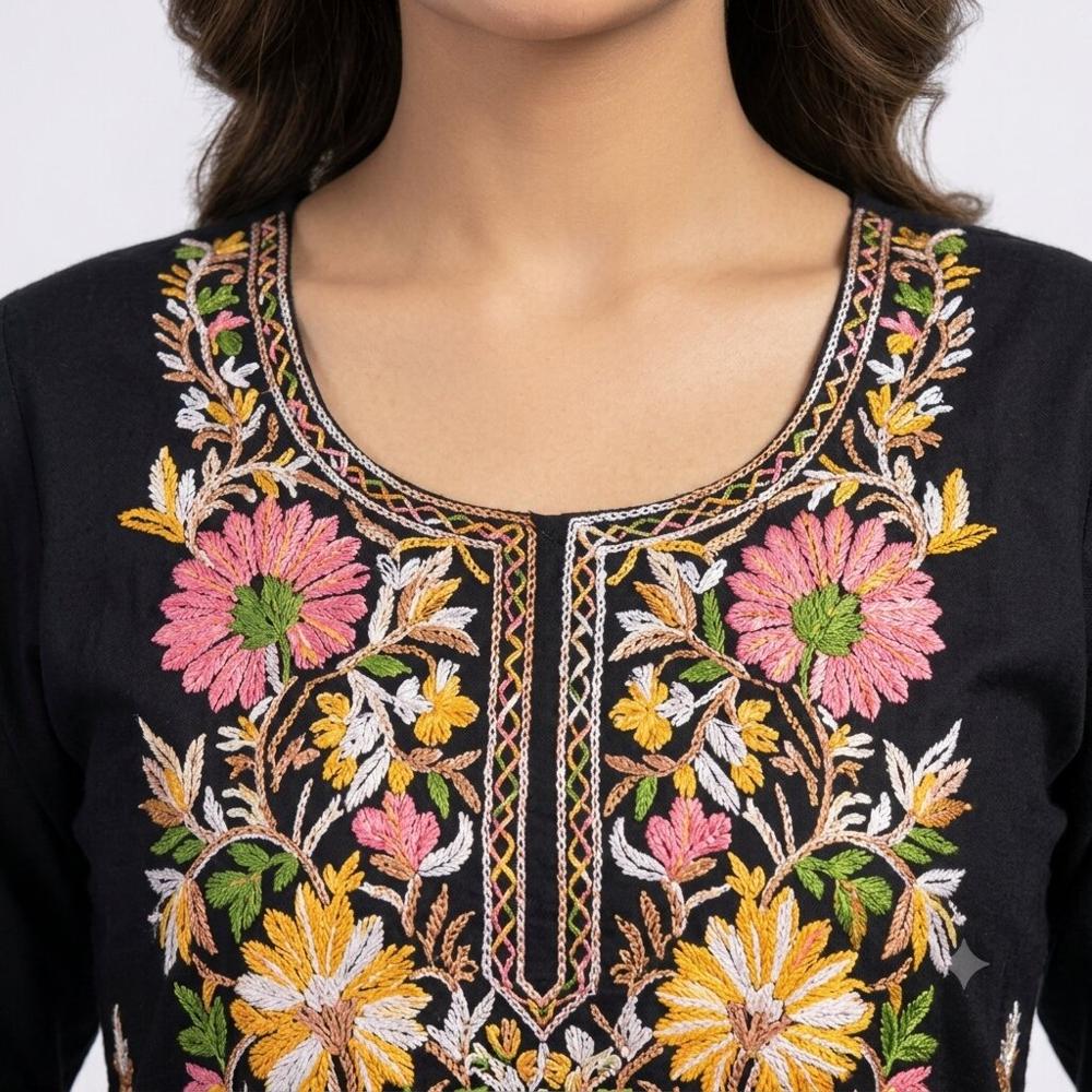 Black Floral Embroidered Kurta Pant Set