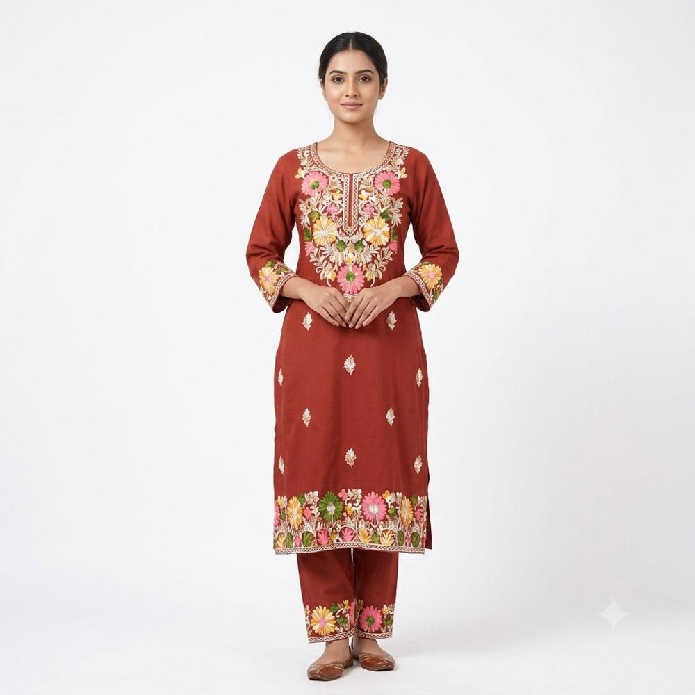 Rust Brown Floral Embroidered Kurta Pant Set - Bust Size: 40