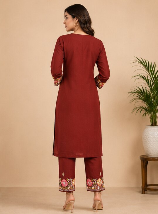Rust Brown Floral Embroidered Kurta Pant Set