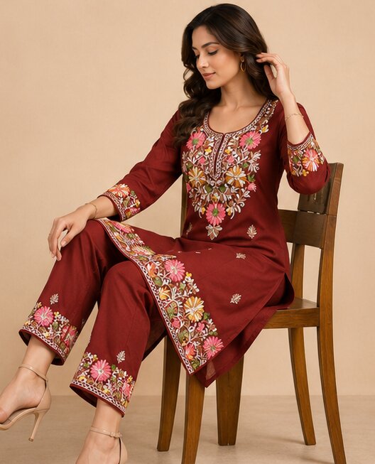 Rust Brown Floral Embroidered Kurta Pant Set