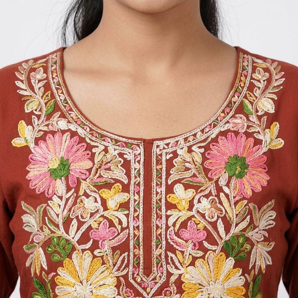 Rust Brown Floral Embroidered Kurta Pant Set