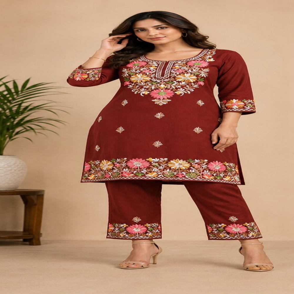 Rust Brown Floral Embroidered Kurta Pant Set