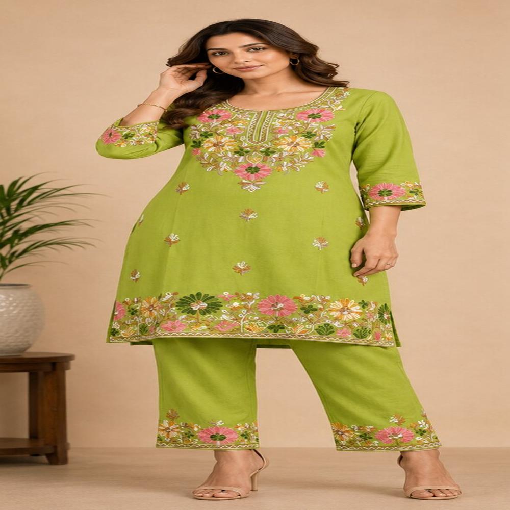 Olive Green Floral Embroidered Kurta Pant Set - Bust Size: 40